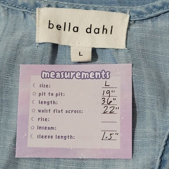 BELLA DAHL Blue Chambray Dress Size L Side-Stripe Racerback Flounce V-Neck - Picture 3 of 15